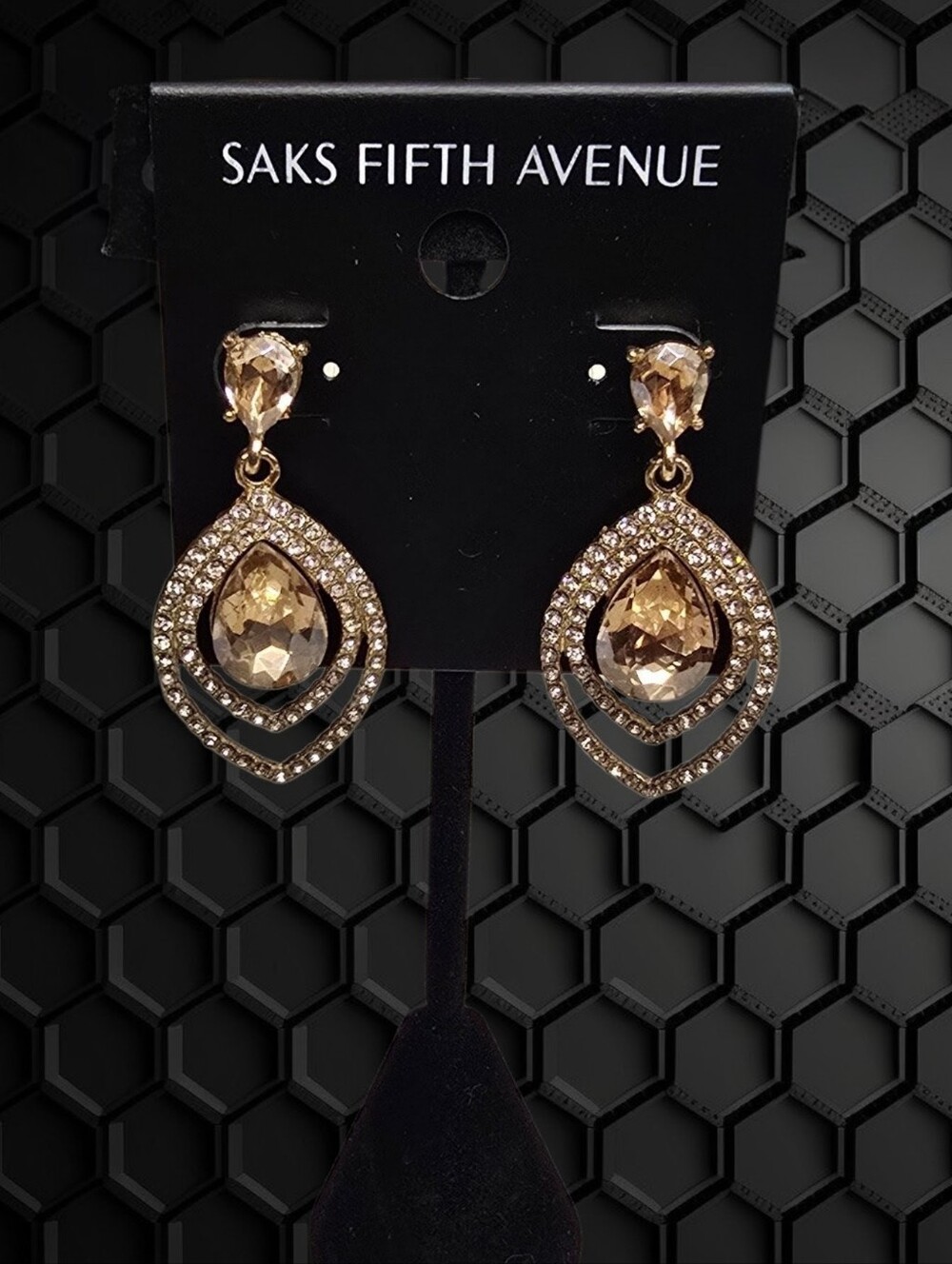 Saks Fifth Avenue Champagne Glass Crystal Teardrop Dangle Earrings - Picture 2 of 3